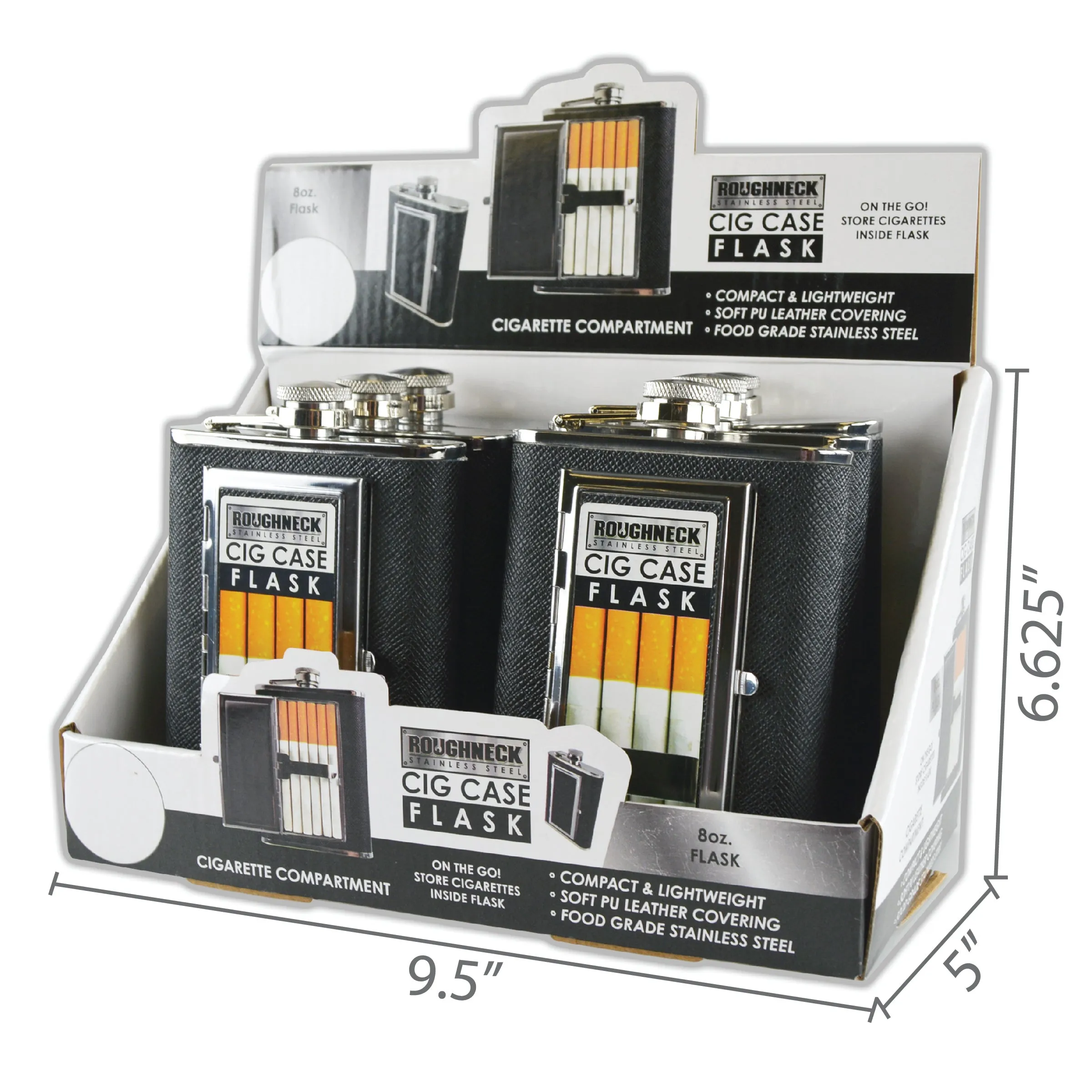 8 oz Stainless-Steel Flask with Cigarette Case - 6 Pieces Per Retail Ready Display 21768