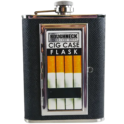 8 oz Stainless-Steel Flask with Cigarette Case - 6 Pieces Per Retail Ready Display 21768