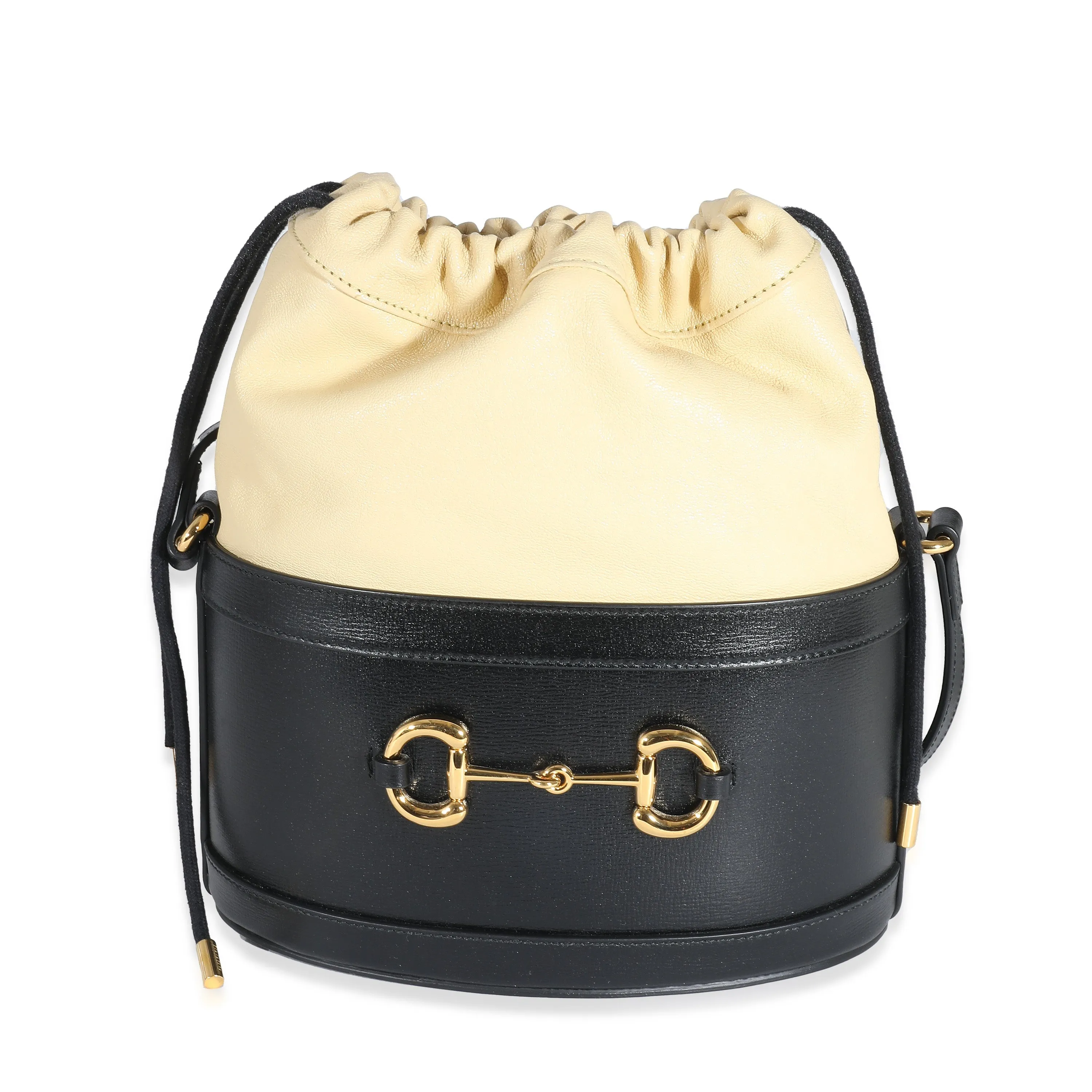 Black Beige Calfskin Horsebit 1955 Drawstring Bucket Bag