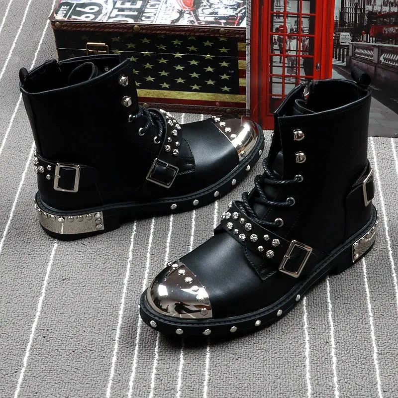Black Rivets Punk Metal Toe Style Men Boots