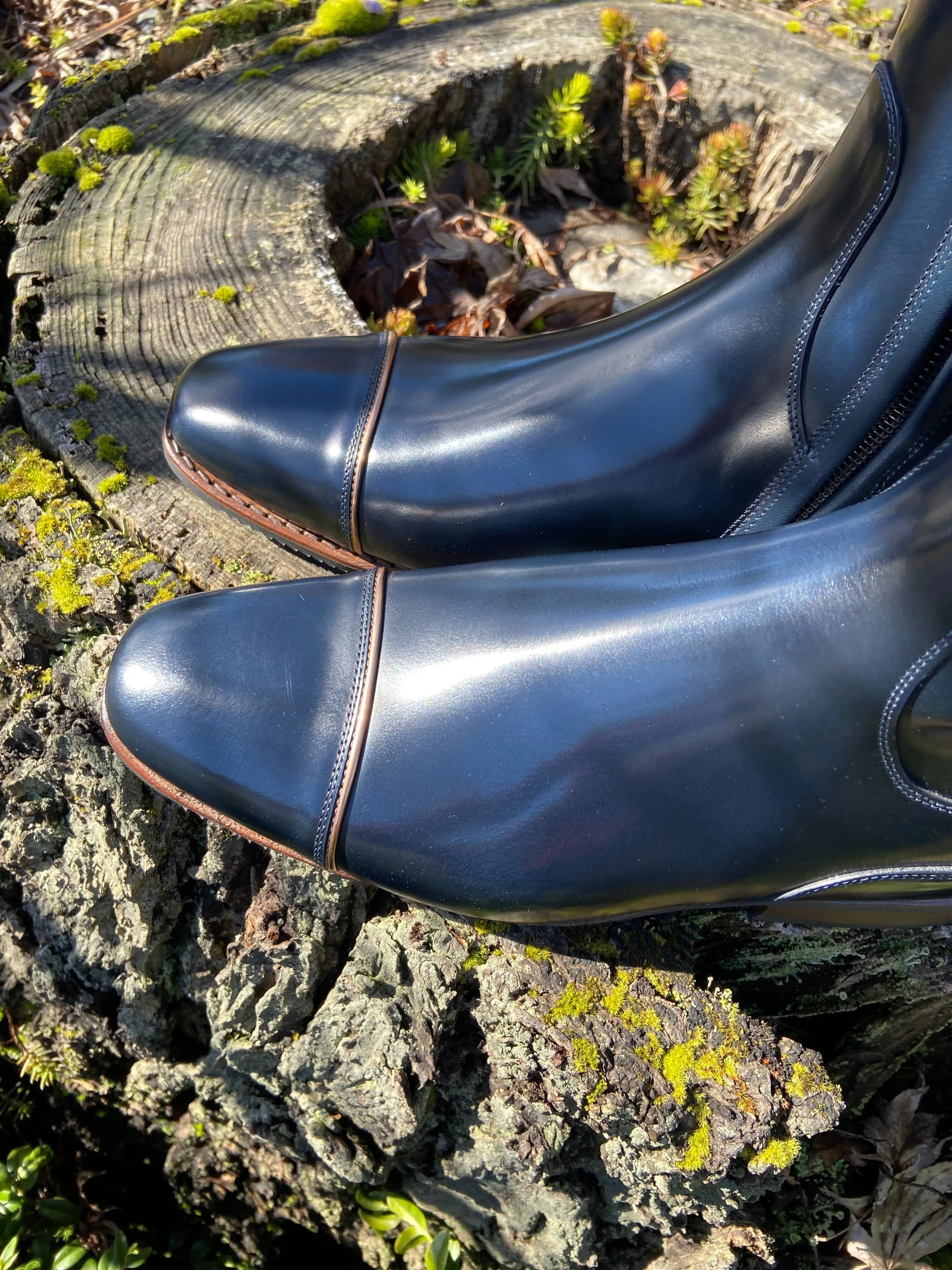 Custom DeNiro Bellini Dressage Boot -Brushed Blue with Punched Piccolo Specchio Caramello Top