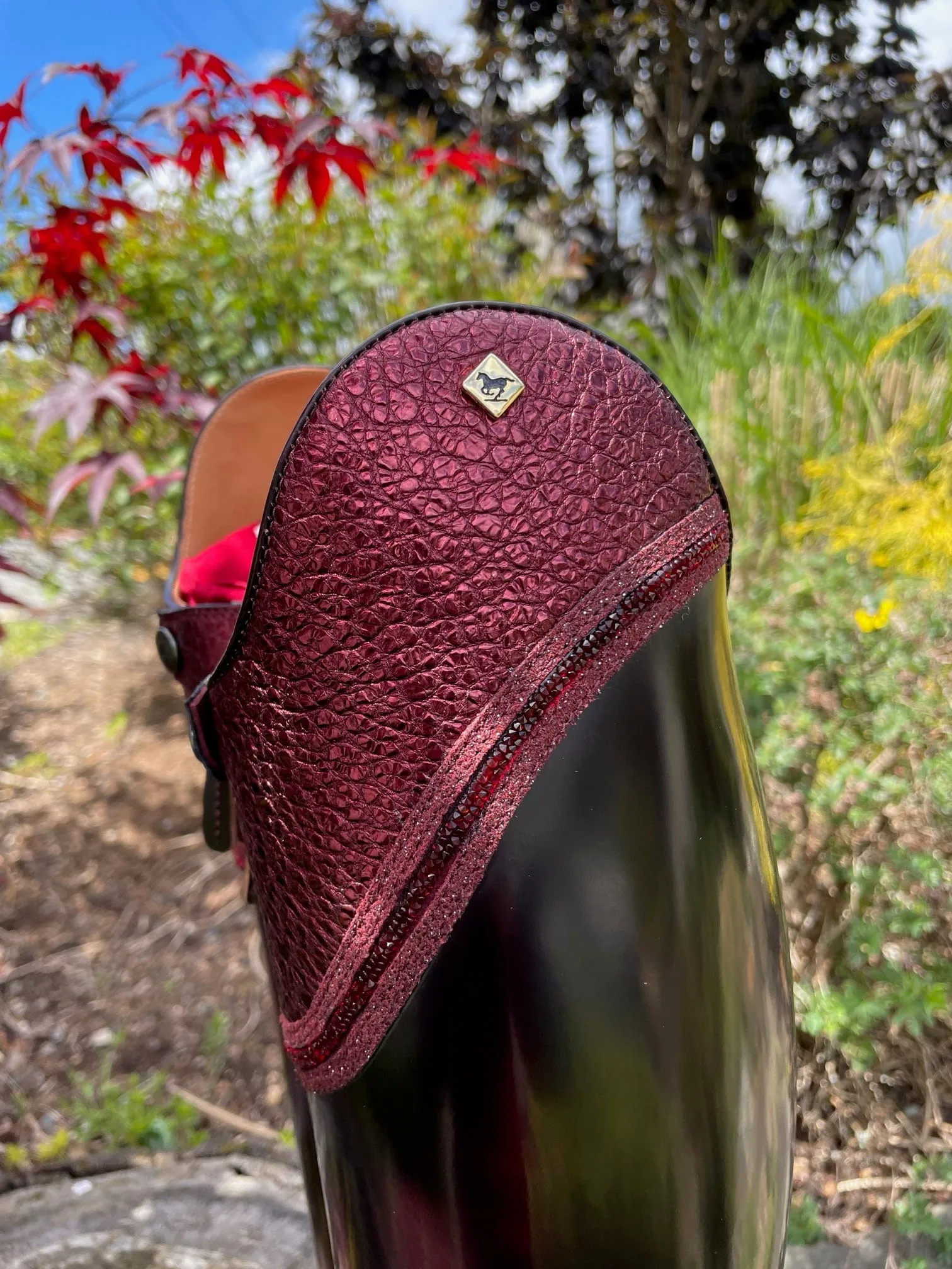 Custom DeNiro Bellini Dressage Boot - Brushed Burgundy with Lisa Top in Bordeaux Buongiorno & Bordeaux Swarovski Fineline