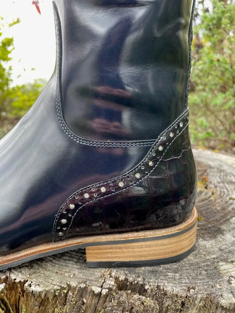 Custom DeNiro Bellini Dressage Boot - Brushed Uniform Blue with Punching & Swarovski