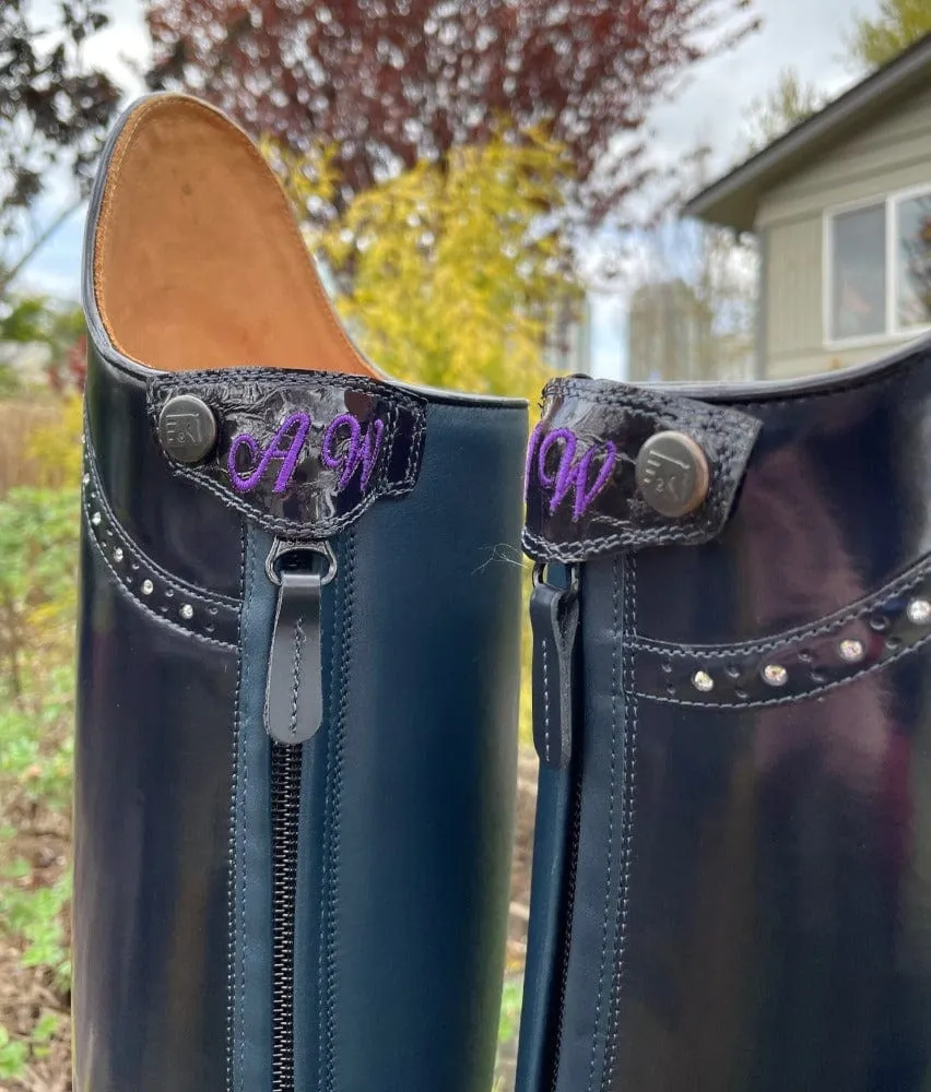Custom DeNiro Bellini Dressage Boot - Brushed Uniform Blue with Punching & Swarovski