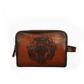 Deep Cut Tan Leather Toiletry / Slim Kit Travel Bag With Embossed Lion by Brune & Bareskin