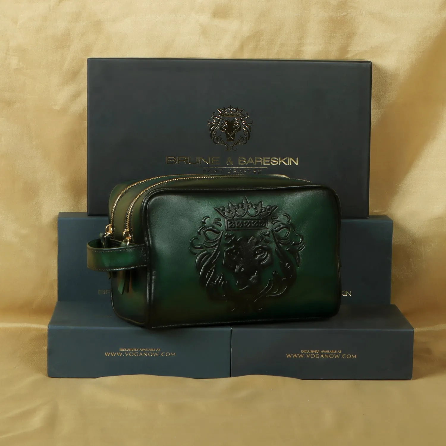 Embossed Lion Zipper Short Travel Toiletry / Slim Kit Leather Bag for Cabin Luggage By Brune & Bareskin