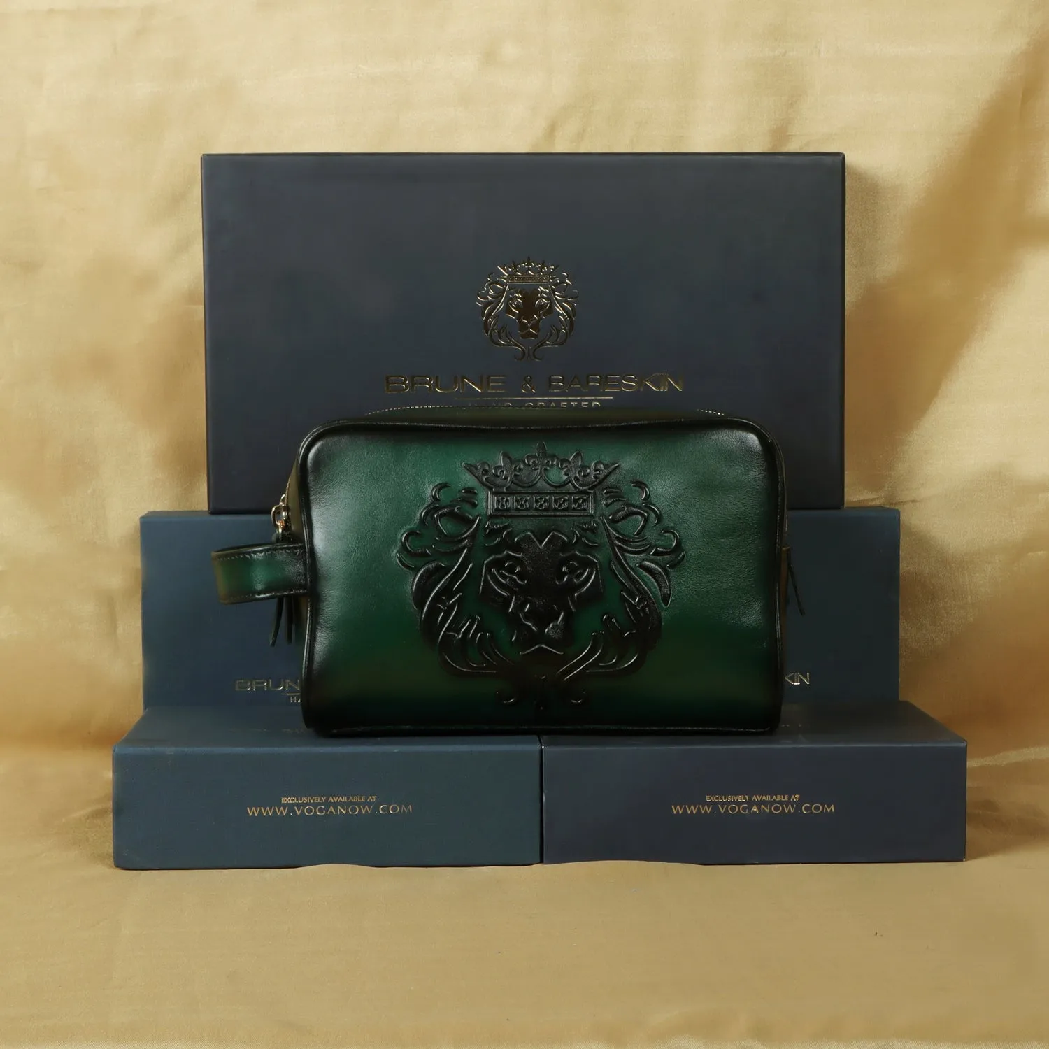 Embossed Lion Zipper Short Travel Toiletry / Slim Kit Leather Bag for Cabin Luggage By Brune & Bareskin