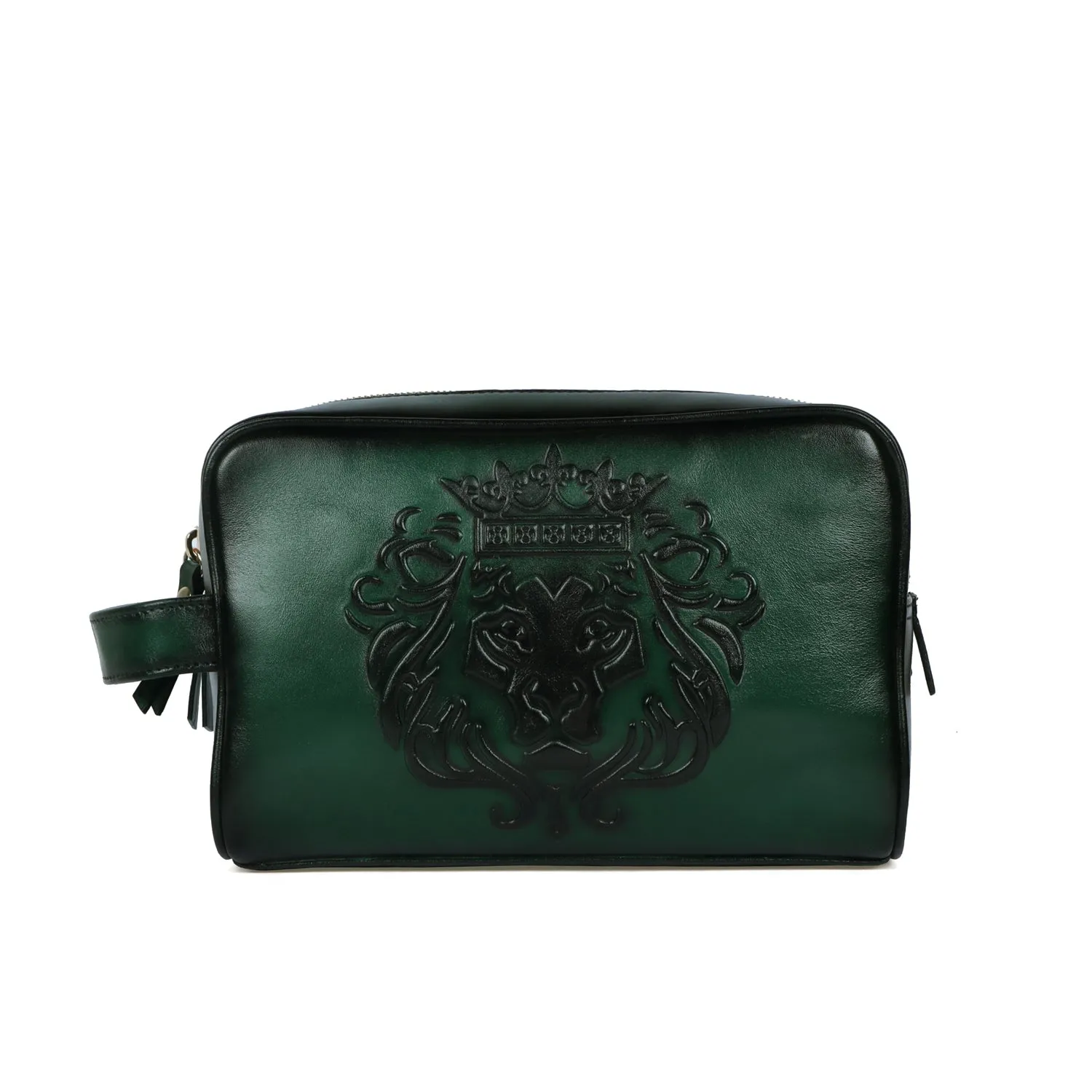 Embossed Lion Zipper Short Travel Toiletry / Slim Kit Leather Bag for Cabin Luggage By Brune & Bareskin