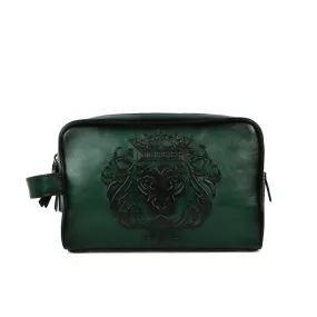 Embossed Lion Zipper Short Travel Toiletry / Slim Kit Leather Bag for Cabin Luggage By Brune & Bareskin