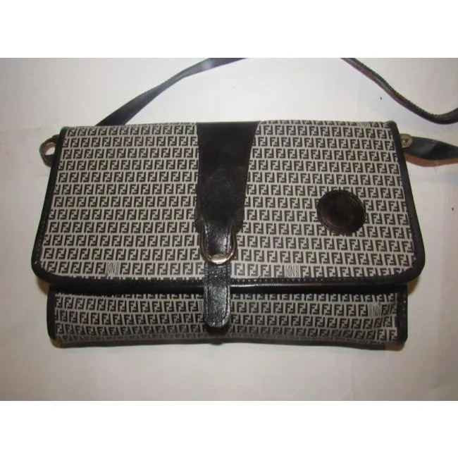 Fendi Vintage Two Way Style Pursesdesigner Purses Blue Small F Logo Print Coated Canvas And Navy Lea