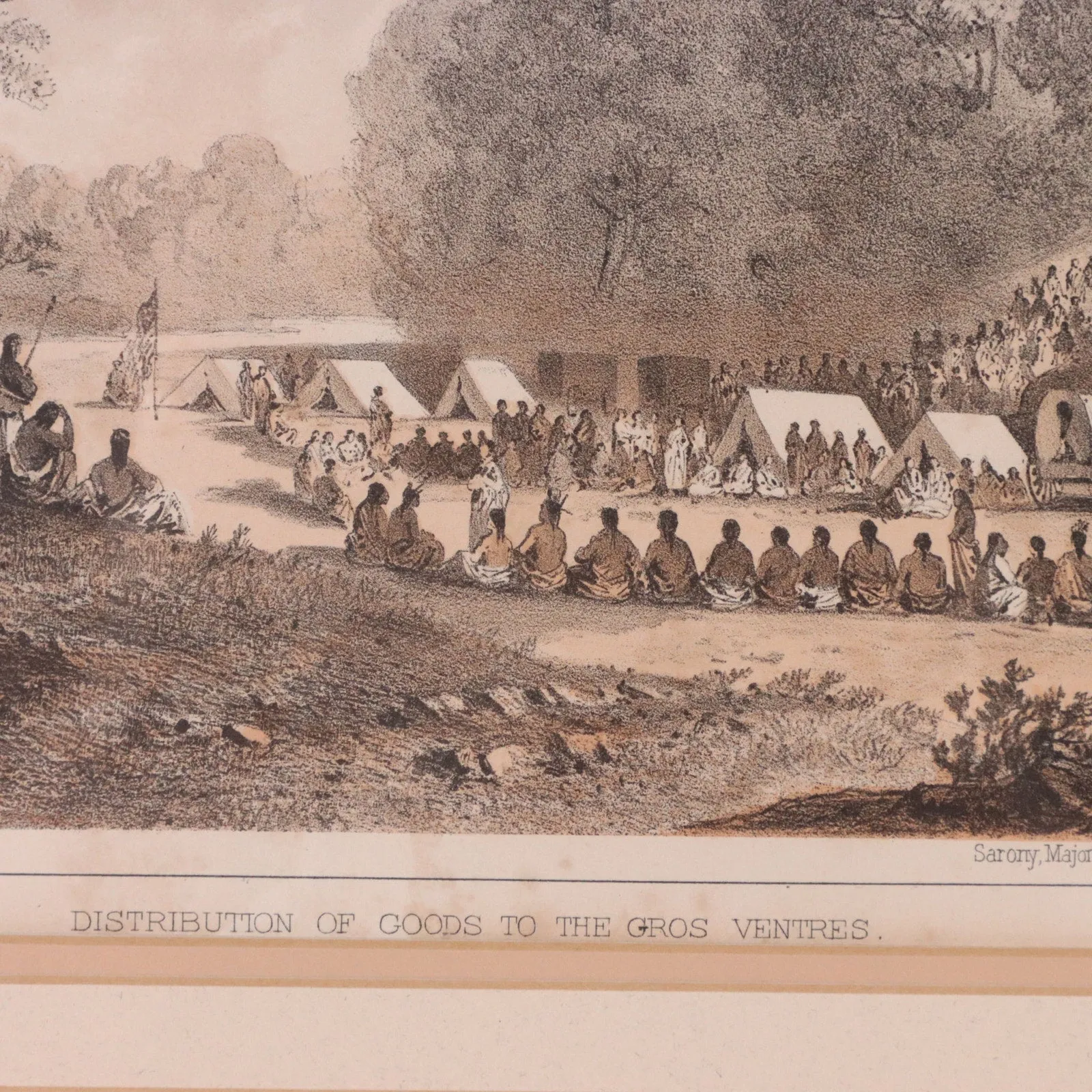 John Mix Stanley Distribution of Goods to Indians USPRR 21x16 Litho Antique 1860
