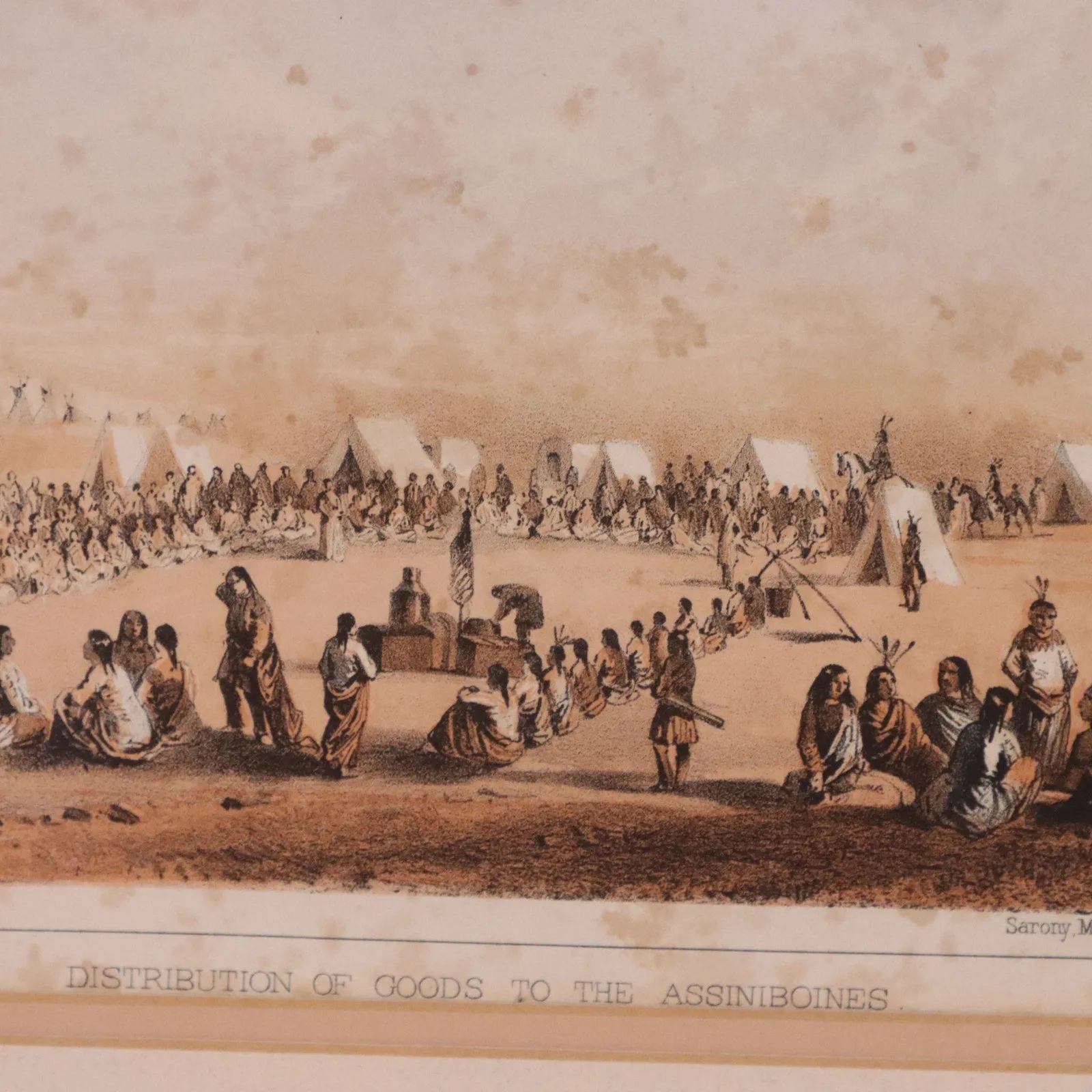 John Mix Stanley Distribution of Goods to Indians USPRR 21x16 Litho Antique 1860