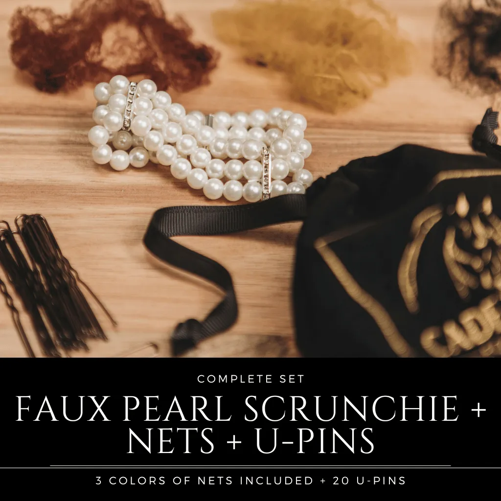 Triple-Row Ivory Pearl Scrunchie and Hair Net Set