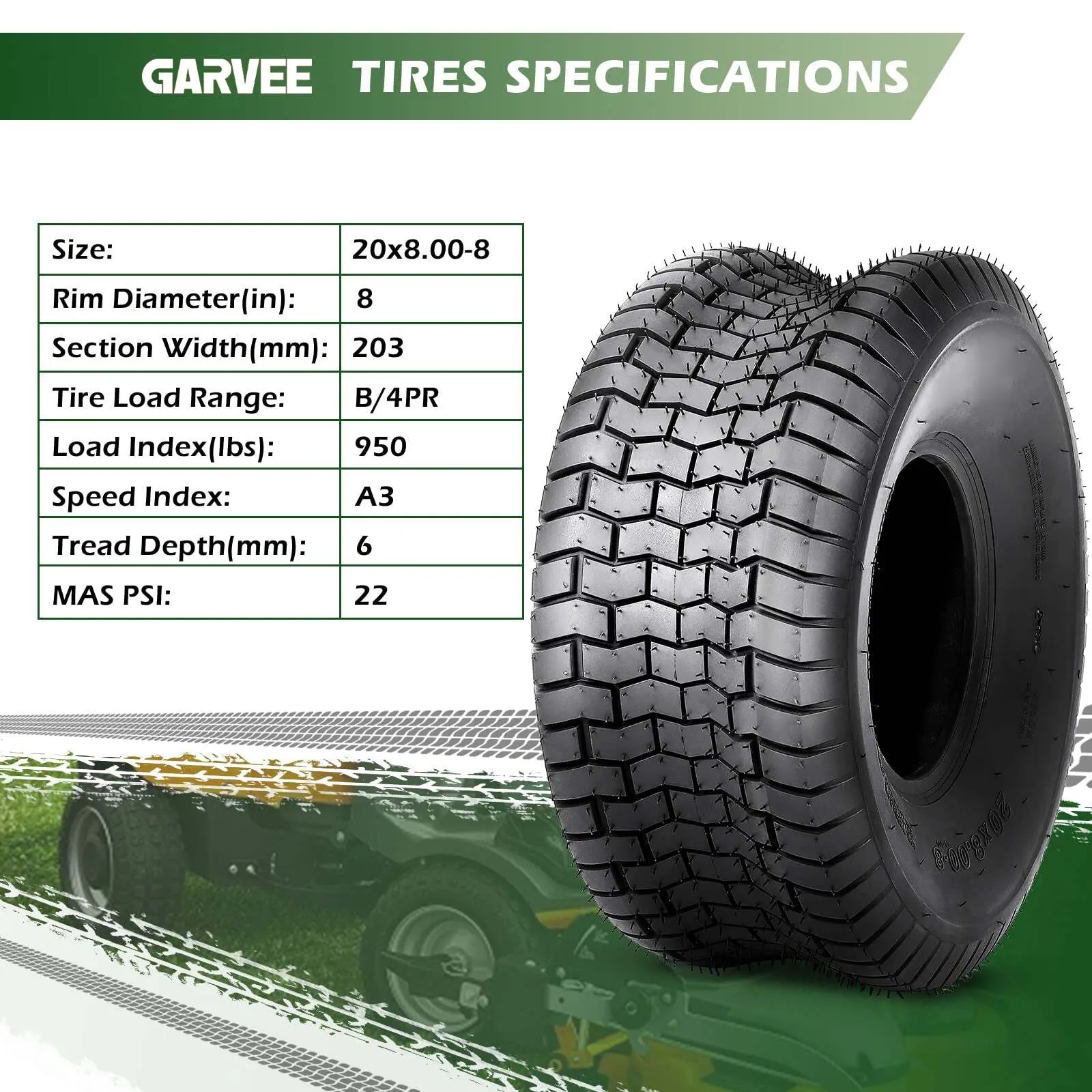 US GARVEE 20x8.00-8 Lawn Mower Tire 2Pcs 20x8x8 20-8-8 Turf Tire