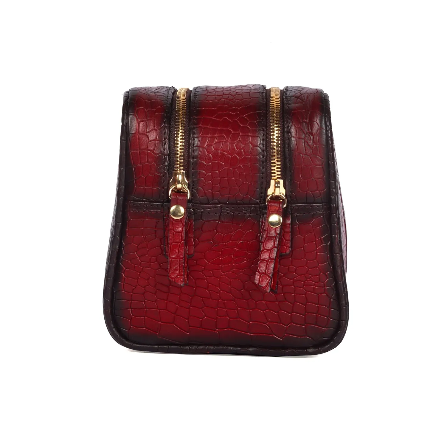 Wine Burnished Deep Cut Leather Embossed Lion Toiletry / Slim Kit Travel Bag by Brune & Bareskin